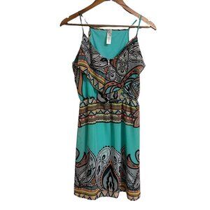 Yahada Womens Teal Aztec Print Sleeveless Ruffle Zipper Front Mini Dress Small
